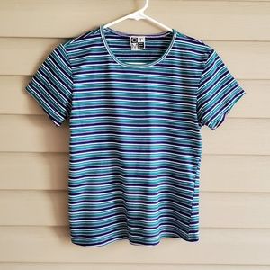 Vintage 80's 90's CTME S green blue striped short sleeve crew neck crop top tee